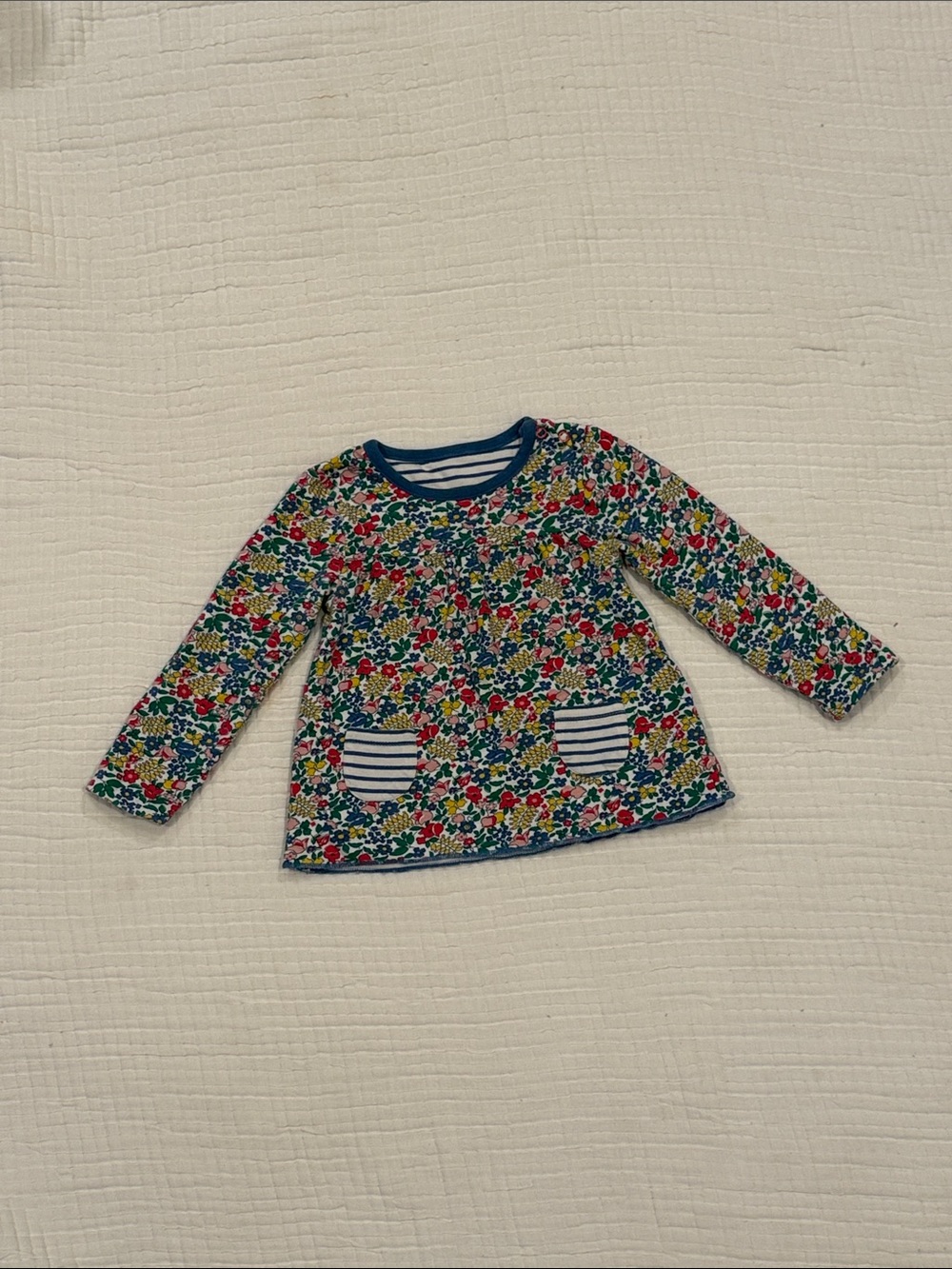 Baby Boden Multicolor Reversible Floral Stripe Long-Sleeve Tee with Navy Trim
